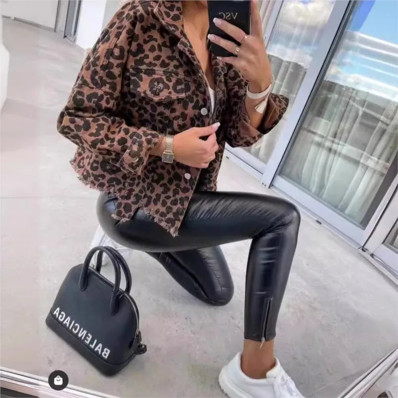 Leopard Denim Jacket For Women New Fashionable And Trendy Style Female Jacket . S-XL