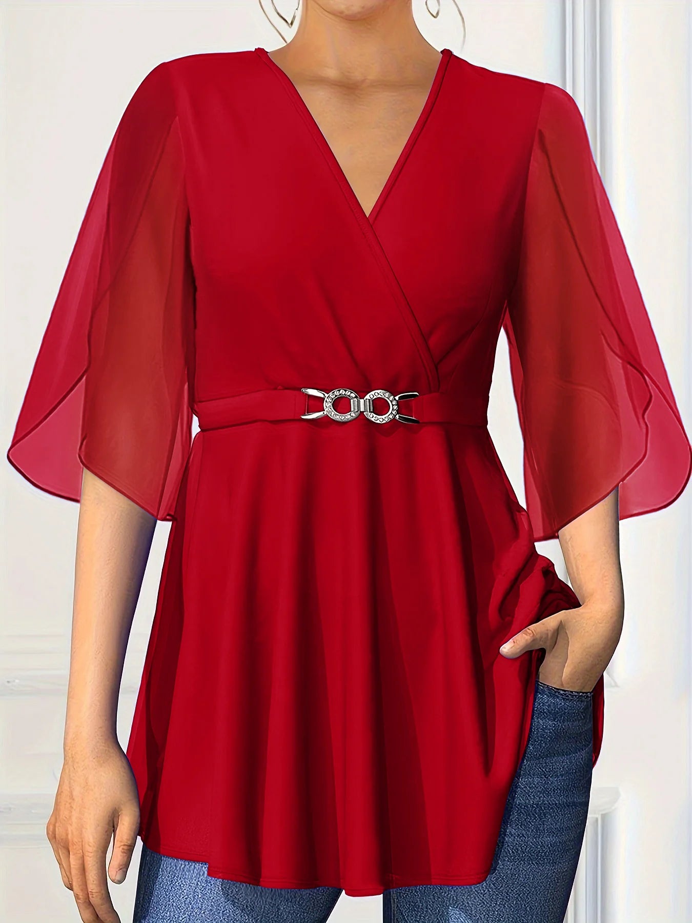 Flare Sleeve Chiffon V-neck Waist Cinched Short Sleeve Casual Blouse.
