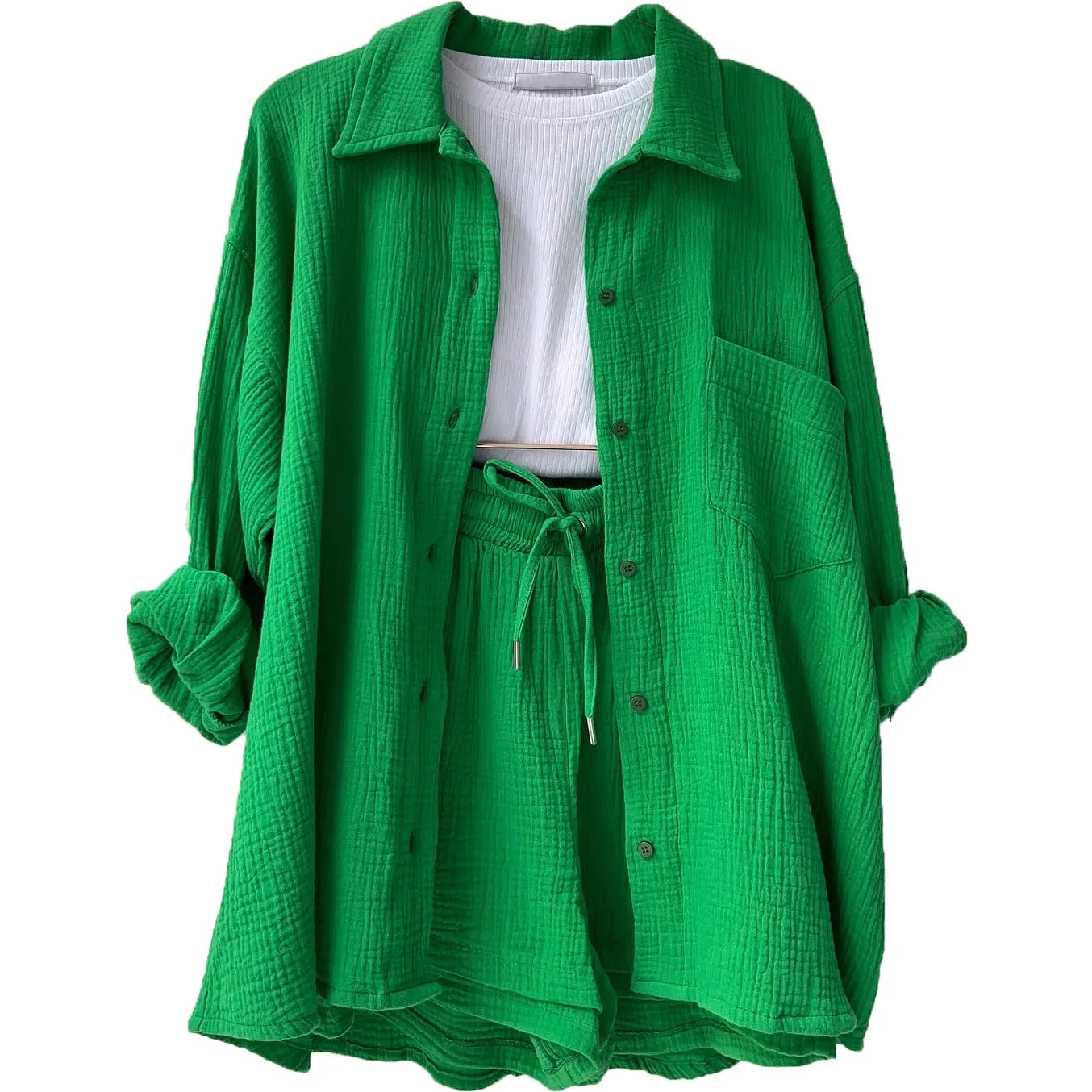 Ladies Shorts And Single Breasted Cardigan Blouse Two Piece Shorts And Loose Button Up. S-2x