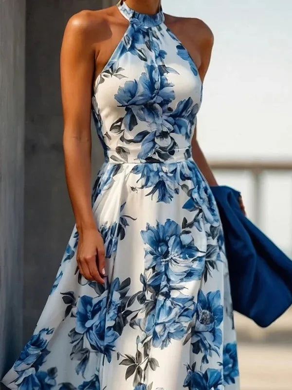 Floral Halter A-Line Dress - Sleeveless Summer Maxi