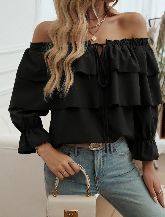 Spring Summer Women's Blouse Solid Colour Pleated Loose Ruffle Hem Lantern Sleeve Top Off Shoulder Shirt