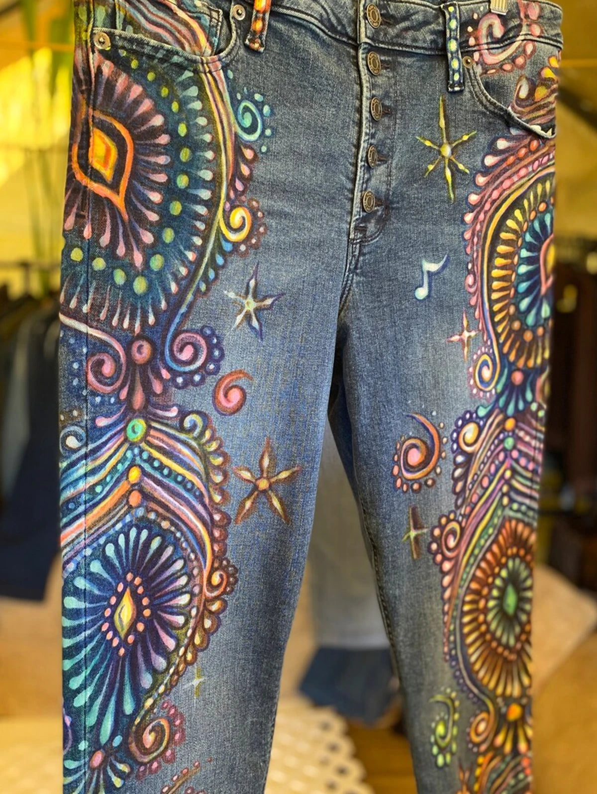 Ladies Cropped Jeans, Skinny High Waist Boho Peacock Feather Pattern Denim Fringed . Sz S-3xl