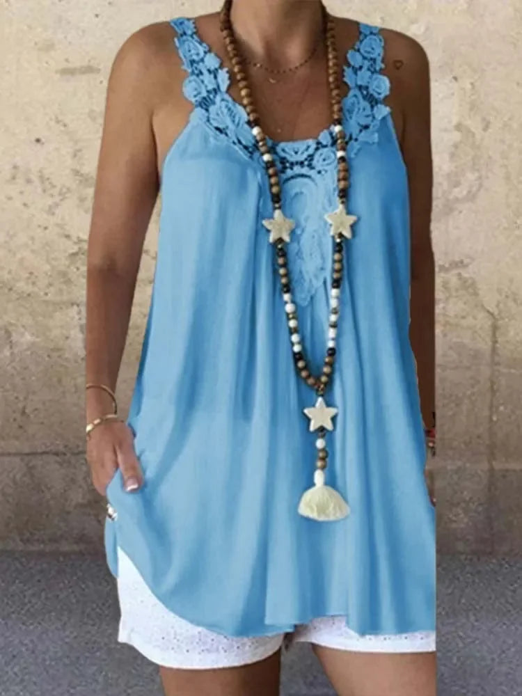 Sexy Ladies Long V Neck Sleeveless Summer Lace Tank Top. S-2x
