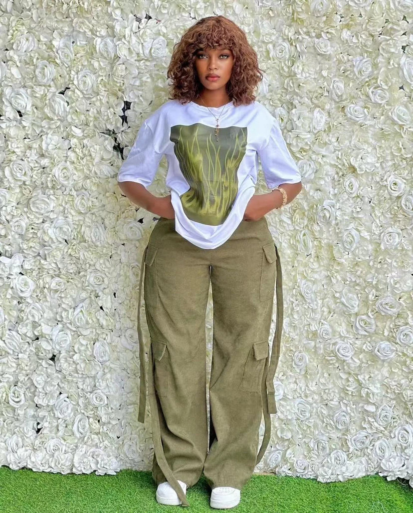 2 Pieces Women's Spring Summer Pocket Pullover Casual Short Sleeve Tops And Pant Suit.