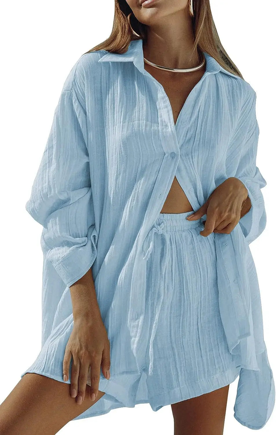 Ladies Shirt And Short Two Piece Set, Fashion Solid Long Sleeve Shirt Casual Loose Shorts. S-2x