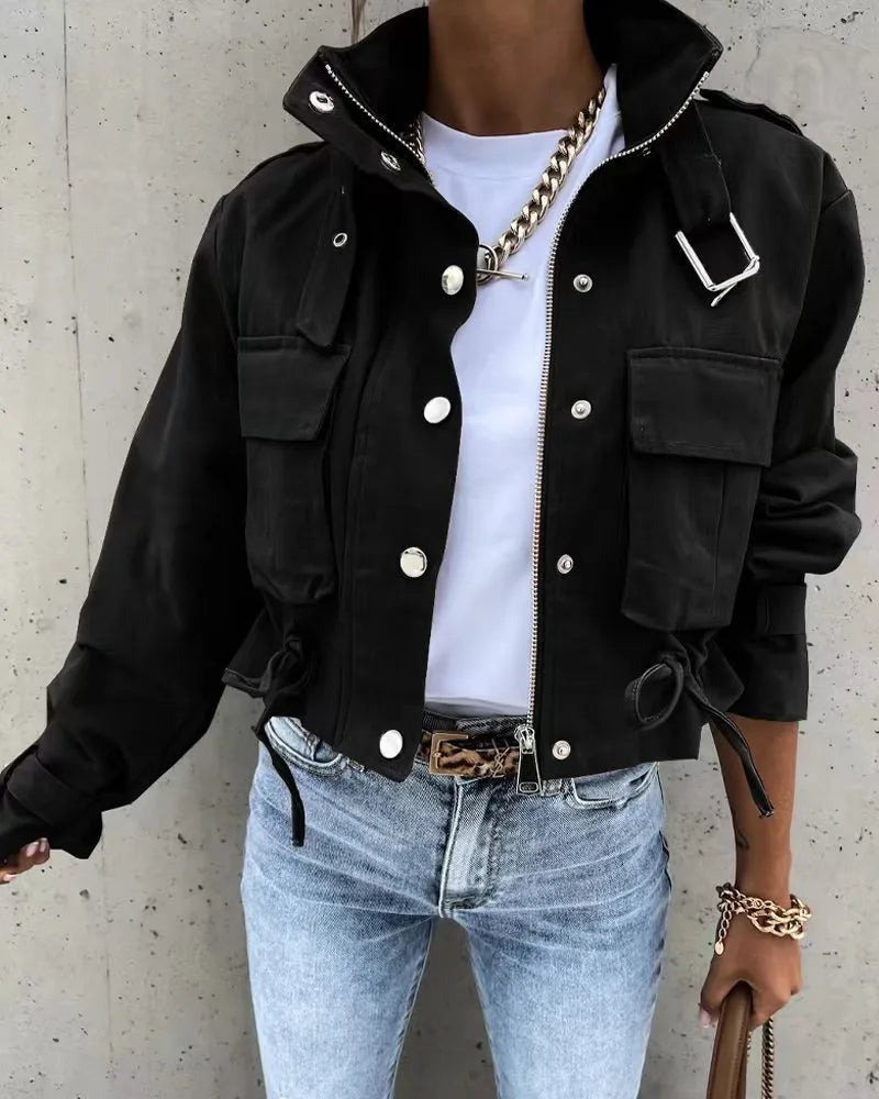 Woman Jacket Elegant Slim Pocket Button Design Long Sleeve. S-2x