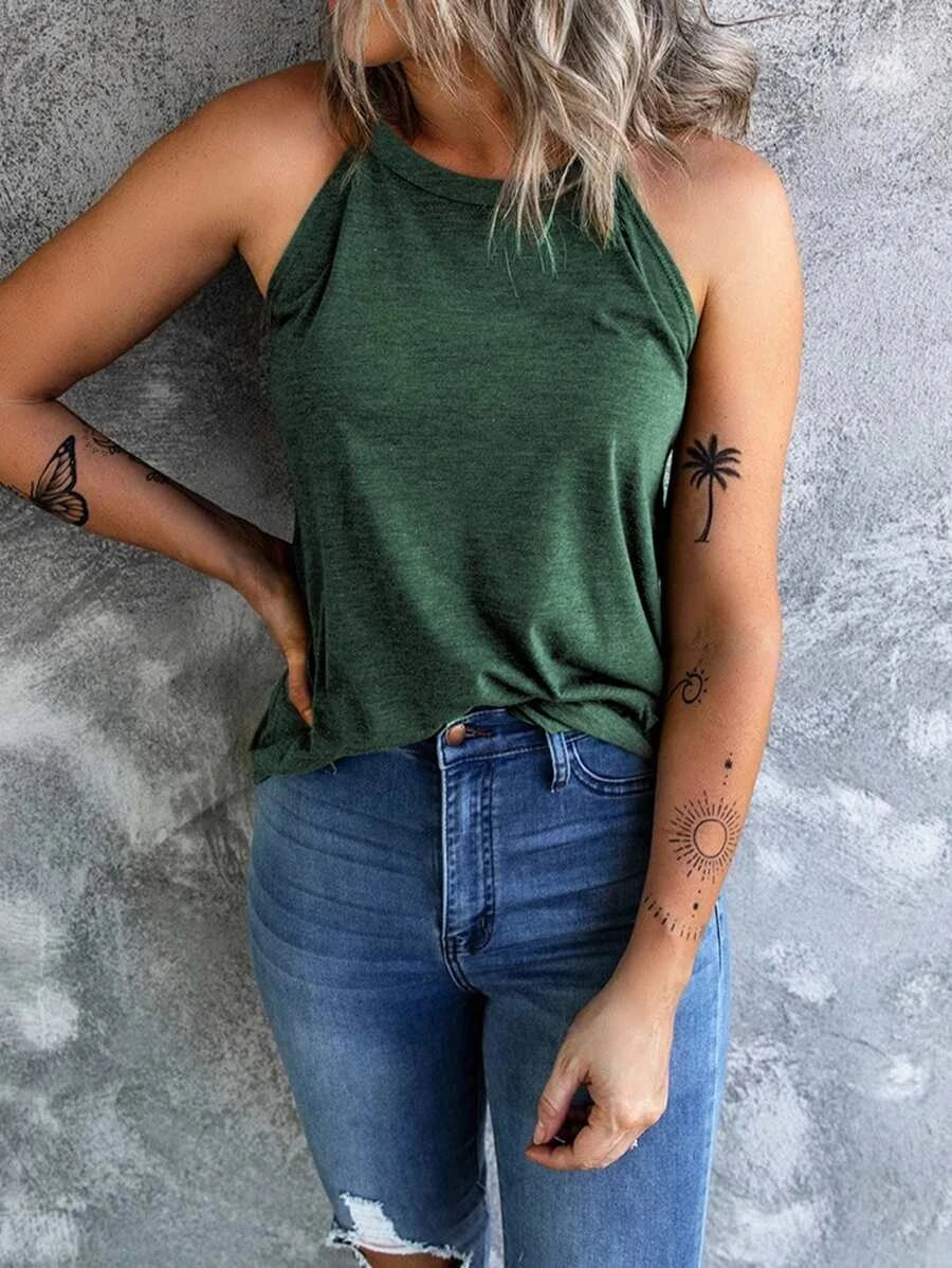 Women's Summer Sleeveless Halter Tee Shirts Crew Neck Workout Tank Tops Casual Plain Shirts. S-2X