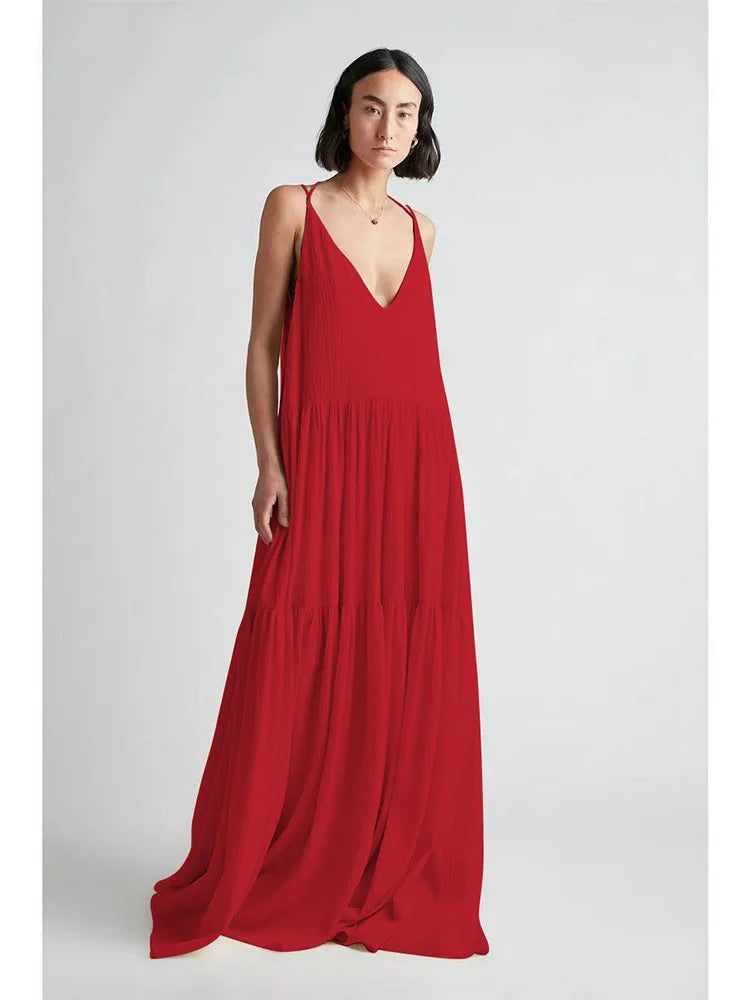 Summer Loose Dresses Casual Solid Pleat Irregular Long Spring Sexy Double V Neck Backless Hollow Dress. S-3X