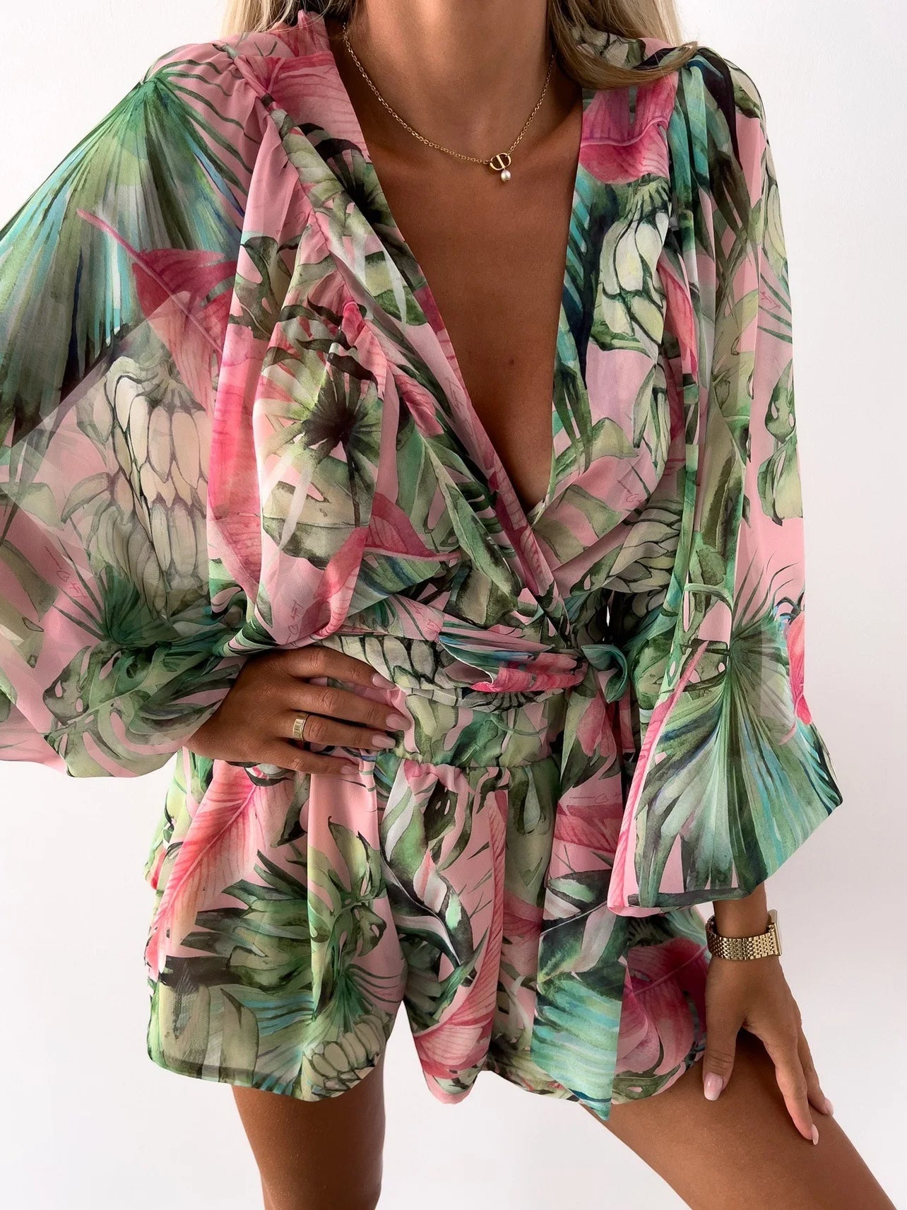 Sexy Deep V Neck Jumpsuit For Women Summer Casual Boho Outfit With Lantern Sleeve. S-2x