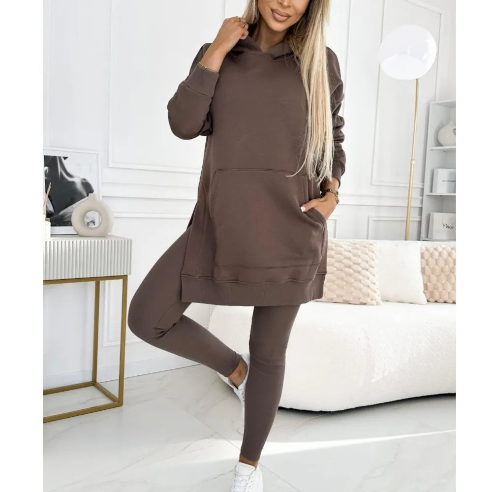 New Casual Hoodie Women's Solid Colour Simple Fashion Pocket Thick Thread Casual Leggings 2 Piece Set. S-3x