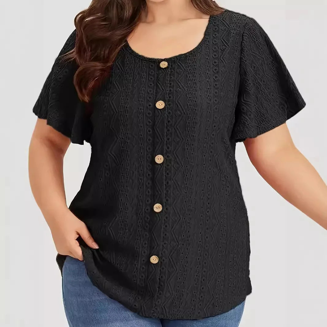 Plus Size Summer Women Shirt Elegant Casual Solid Short Sleeve Loose Fit Button Top