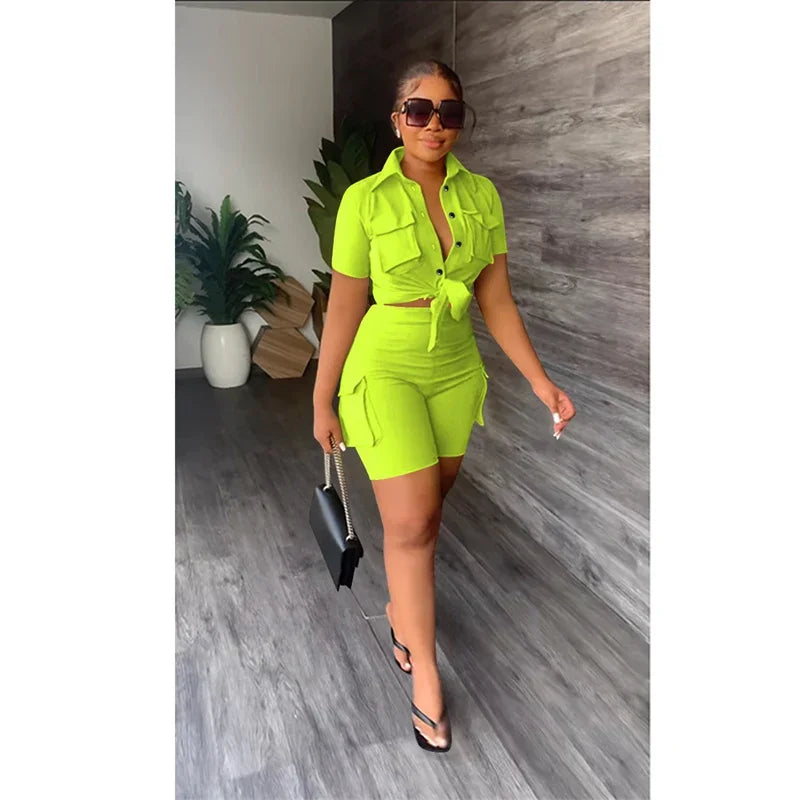 Ladies Two Piece Set For Summer, Pockets Short Sleeve Button-Up Shirt And Short Set. S-2x