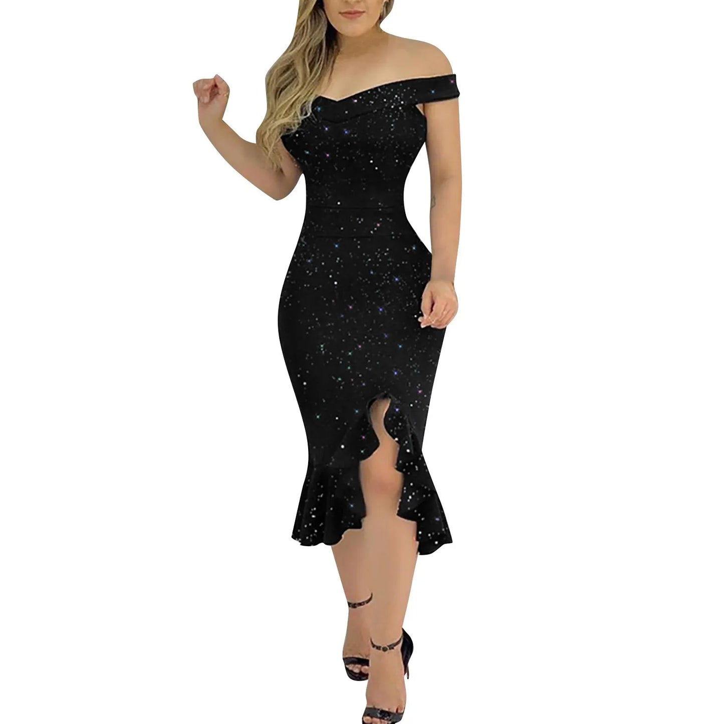 Women's Fashion Sexy Summer Off Shoulder Short Sleeve Sequin Ruffle Irregular Elegant Dress. S-2X