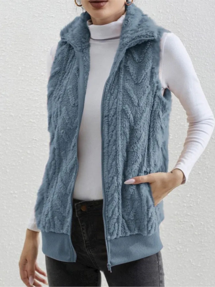 Fashion Plush Cardigan Vest For Women Casual Zipper Lapel Pocket Solid Color Warm Women's Vest 2025. S-3X