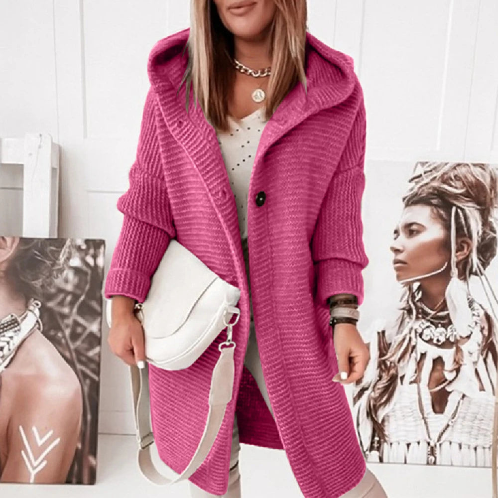 Women Solid Hooded Button Long Sleeve Cardigan Sweater Casual Loose Outwear. S-XL