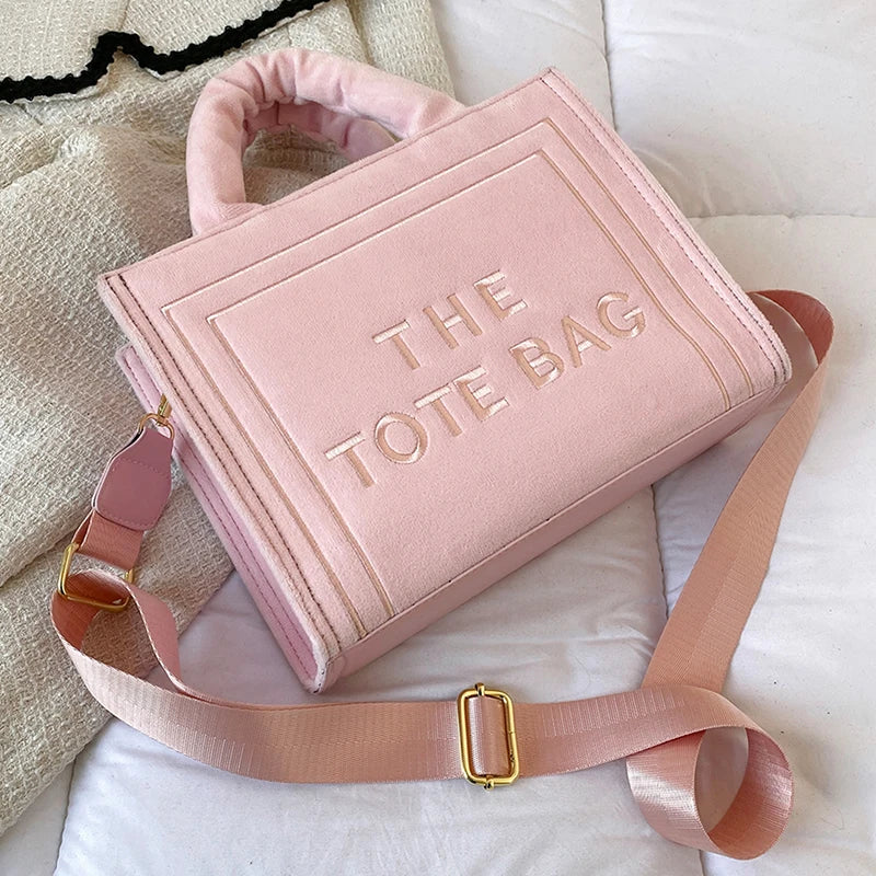 Women's Velour Tote Original Letter Print Square Stylish Soft Shoulder Bag