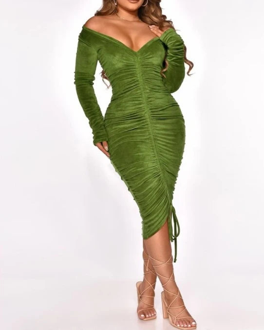 Elegant Dress for Women Long Sleeve Tight V-Neck Golden Velvet Sexy Party Night Out Dress. S-2x
