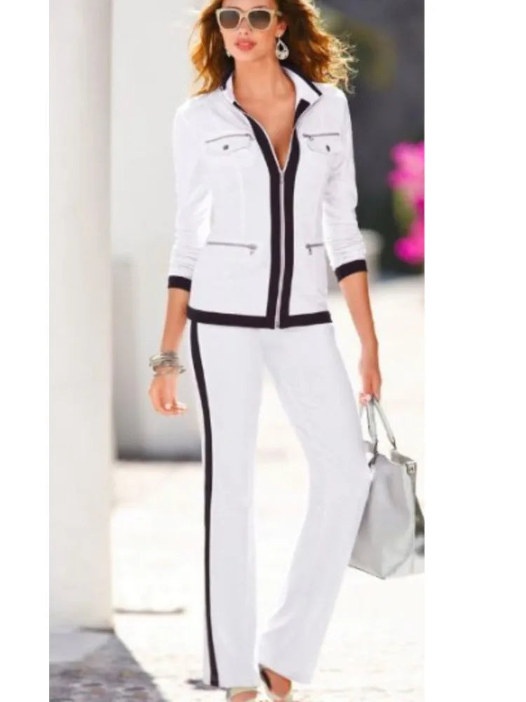 New Fashion Casual Two Piece Set Elegant Women Slim Simple Zipper Top Straight Sweatpants Suit. S-2X
