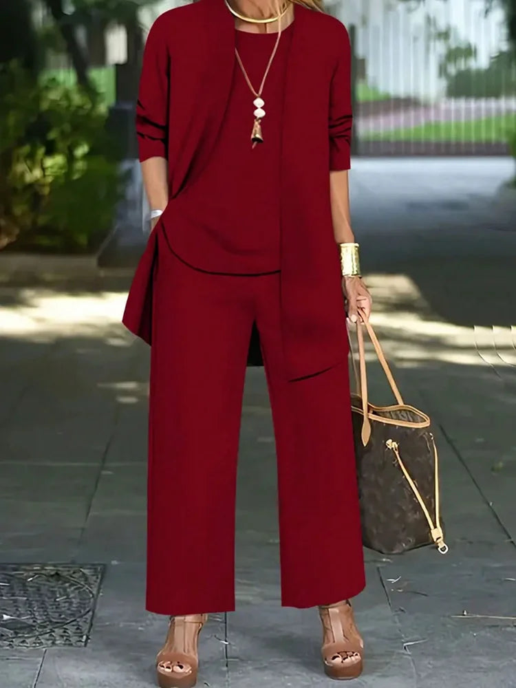 Plus Size 1XL-5XL Women's Fashion Three-Piece Outfit Set Ladies Casual Long Sleeve Cardigan Tank Top and Long Pants Outfit.