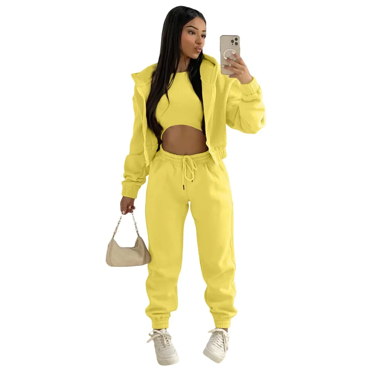 3pcs Women's Clothing Set Fleece-lined Hooded Sweater & Sleeveless Tank Top & Sweatpants Pants. S-2x