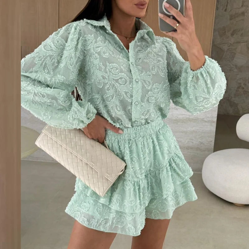 Long Sleeved Outfit 2025 Summer Lace Ruffle Loose Two Piece Set.