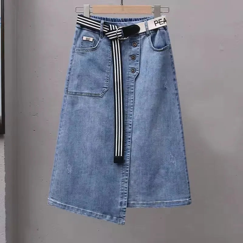 Fashion Irregular Denim Skirt - Women Elastic High Waist Casual S-2X