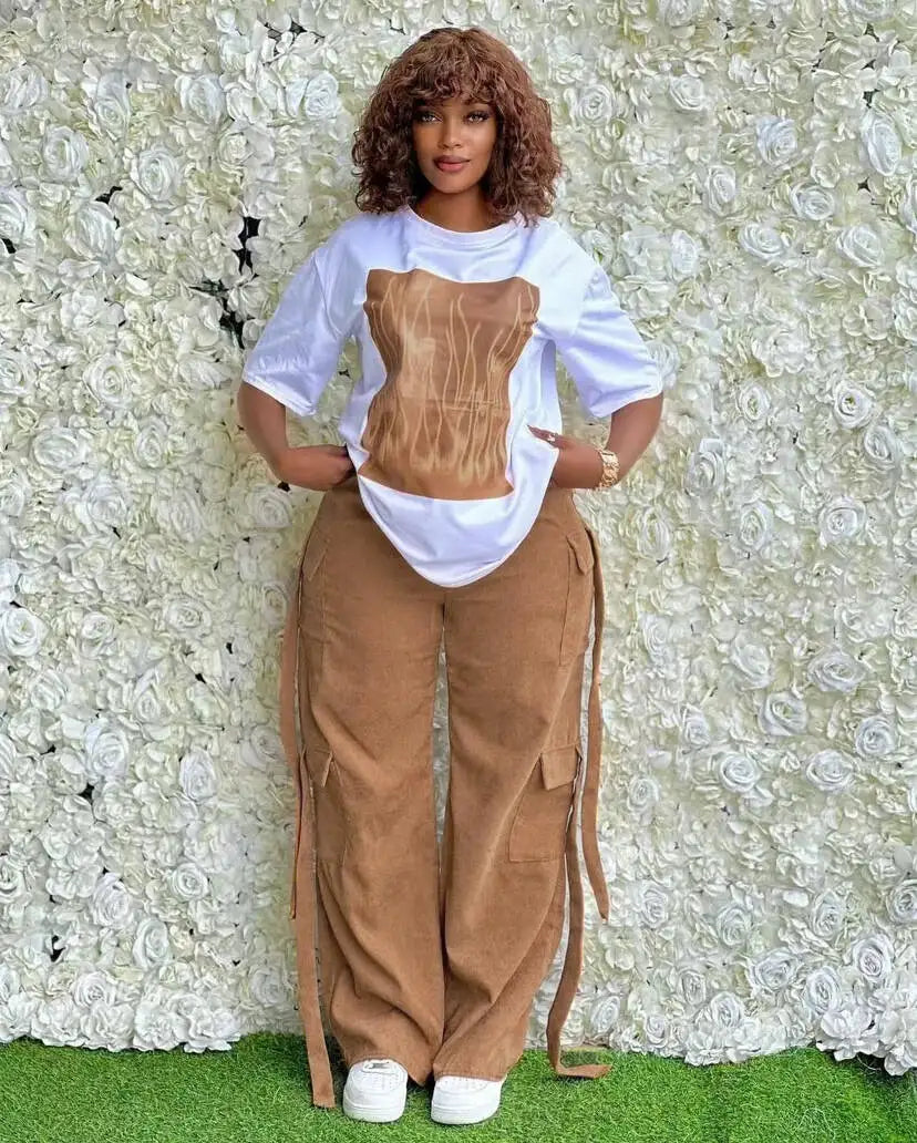 2 Pieces Women's Spring Summer Pocket Pullover Casual Short Sleeve Tops And Pant Suit.