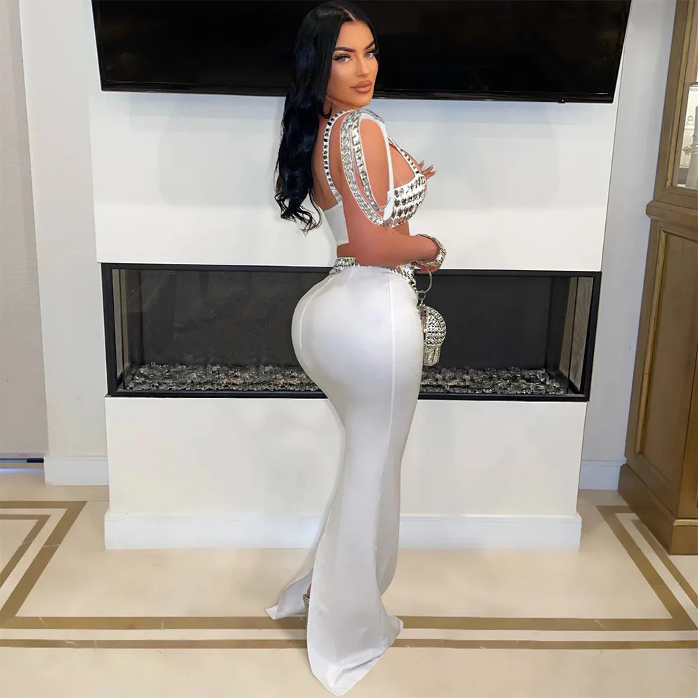 Rhinestone 2 Piece Skirt Set Elegant Luxury Long Skirt Summer Outfit Crop Top Two Piece Set. S-2x