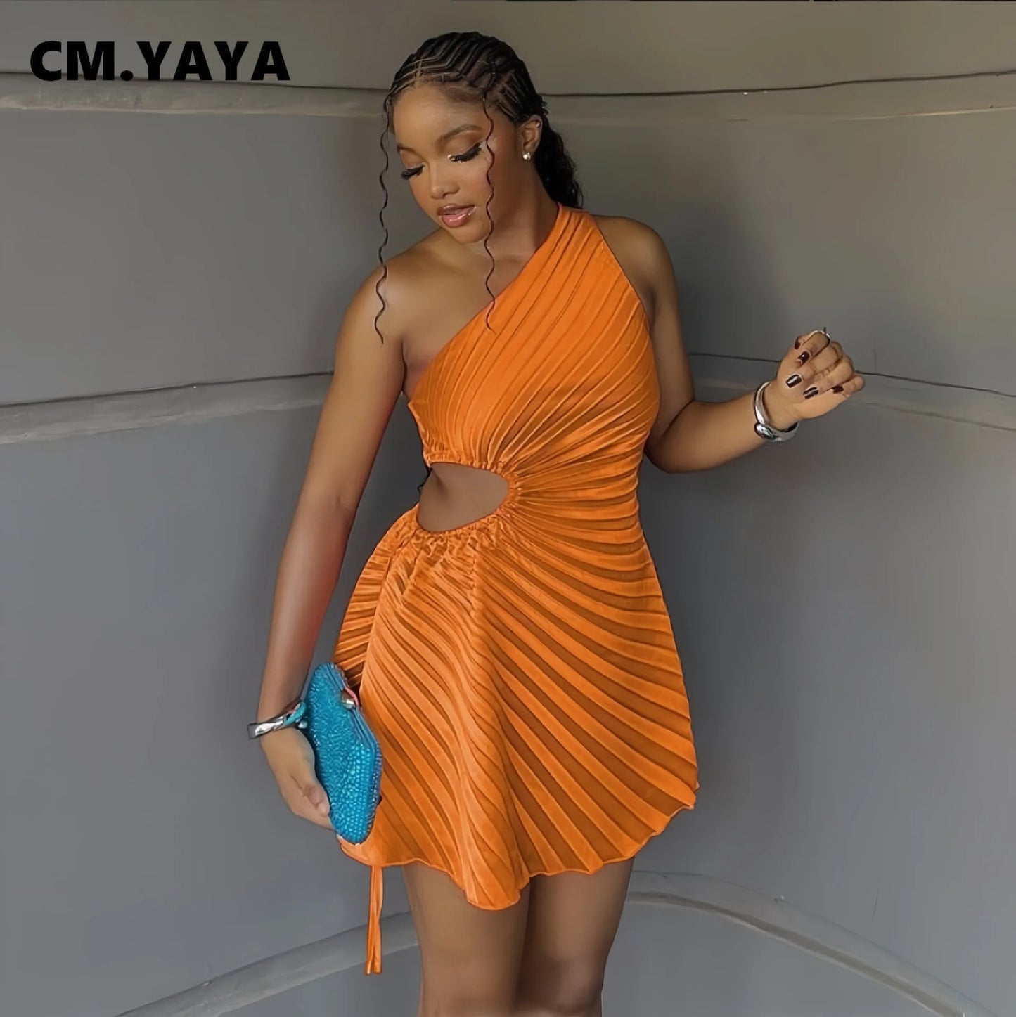 Women Pleated One Shoulder Sleeveless Cutout Waist Dress 2025 Evening Sexy Club Party Evening Dress. S-2xL