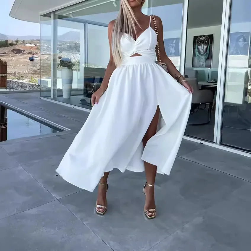 New Style Women's Sexy elegant V Neck Open-Back Medium Length Dress.
