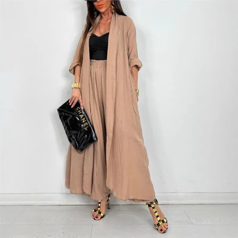 Women Solid Lazy Style 2-Piece Set Cardigan Long Sleeve Shirt+ Wide Leg Pant Suit Elegant two Piece. S-3X
