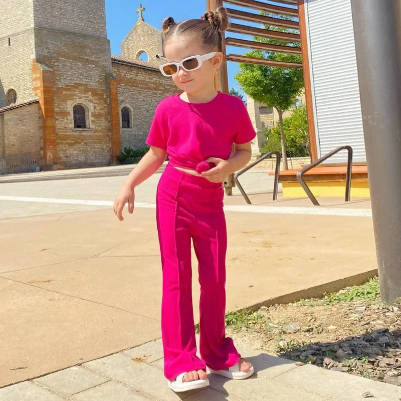 2025 Summer Girl Bell Bottom Outfits 2pcs Solid Cotton T-shirt Pants Suit For Children Teenage Girls Fashion Tracksuit Clothes