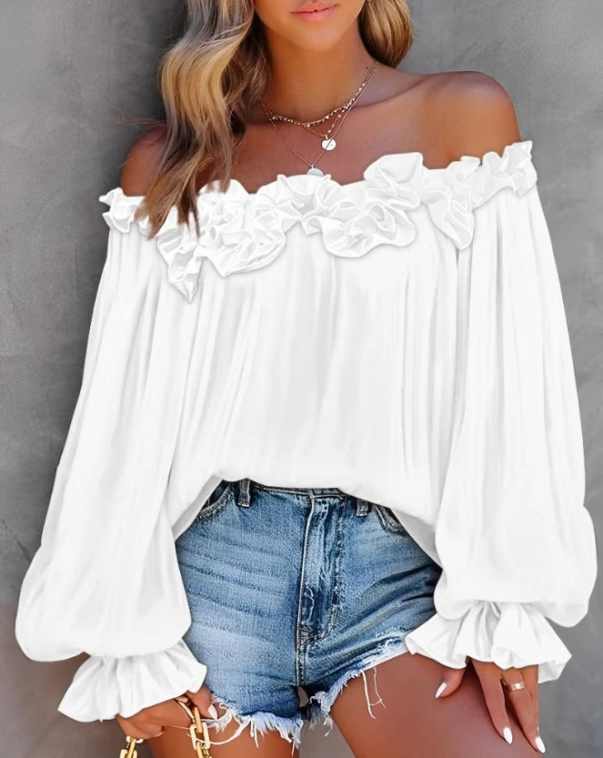 Spring Summer Women's Blouse Solid Colour Pleated Loose Ruffle Hem Lantern Sleeve Top Off Shoulder Shirt