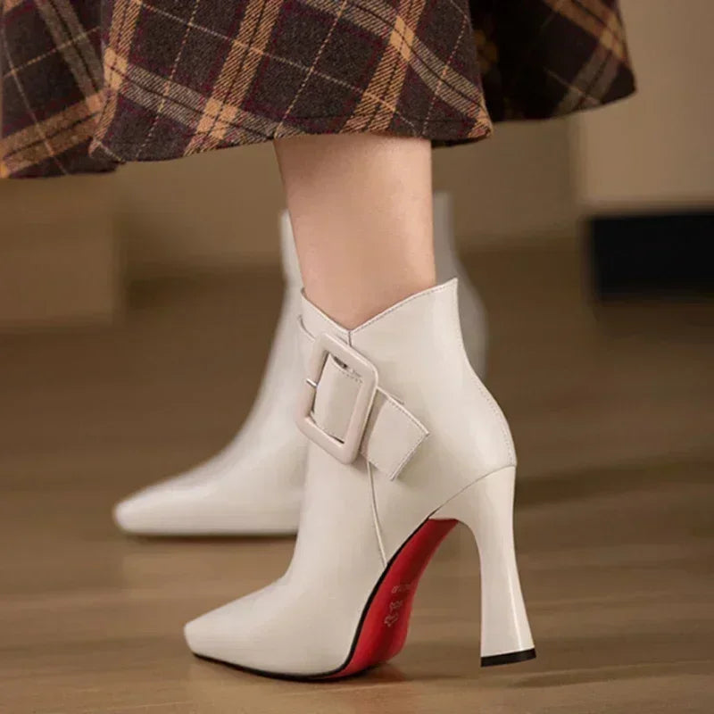 Women's Elegant Heel Ankle Boots Belt Buckle Pu Leather Short Boots