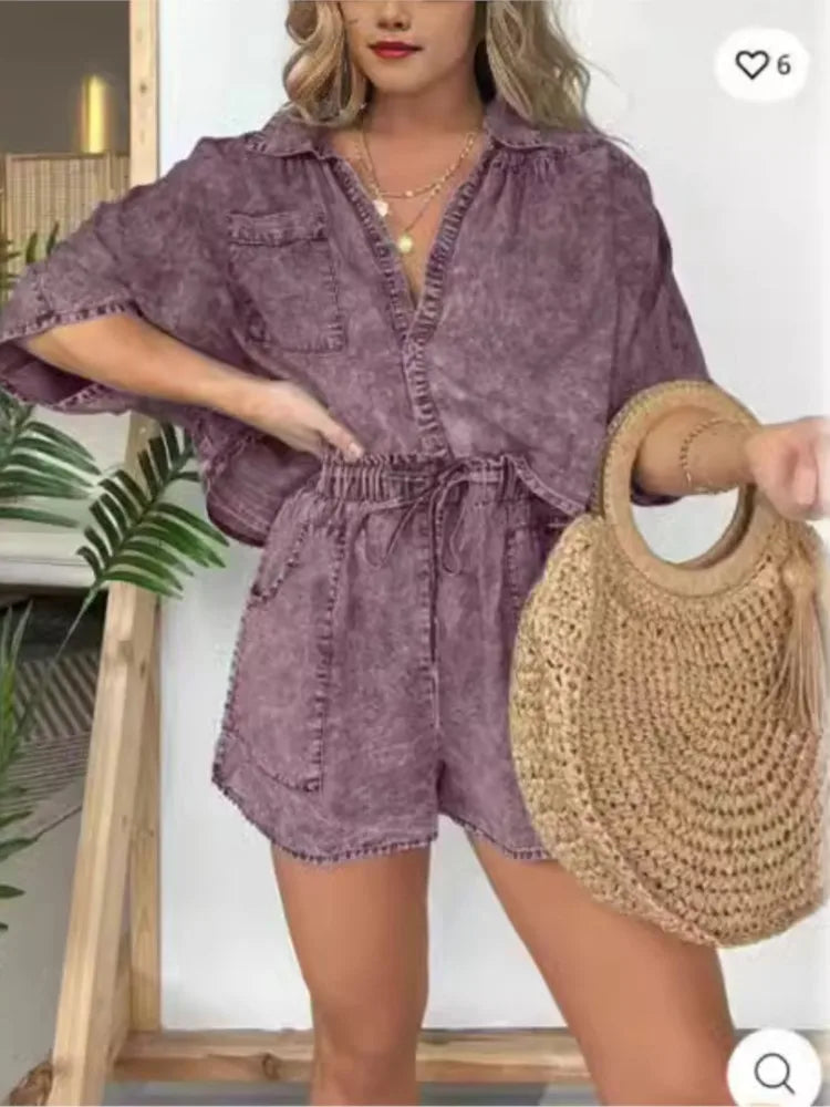 Fashion Vintage Simple Fashion Pocket Casual Loose 2 Piece Set. S-3XL