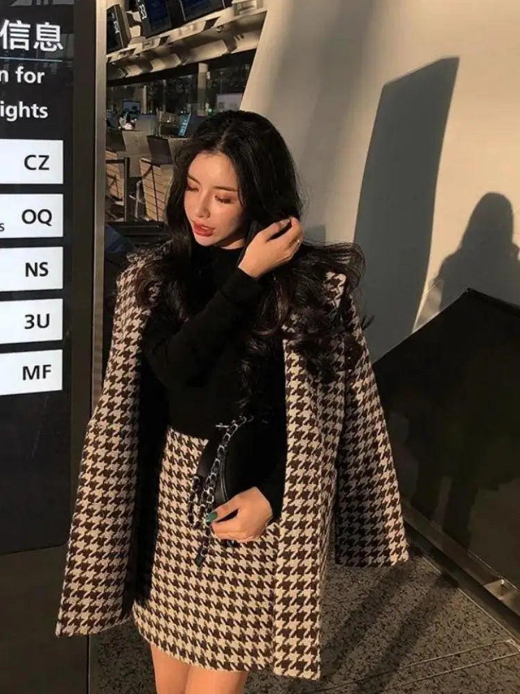 Autumn Winter Plaid Woolen Ladies 2 Piece Set Long Sleeve Suit Coat And High Waist A-line Mini Skirt Outfit