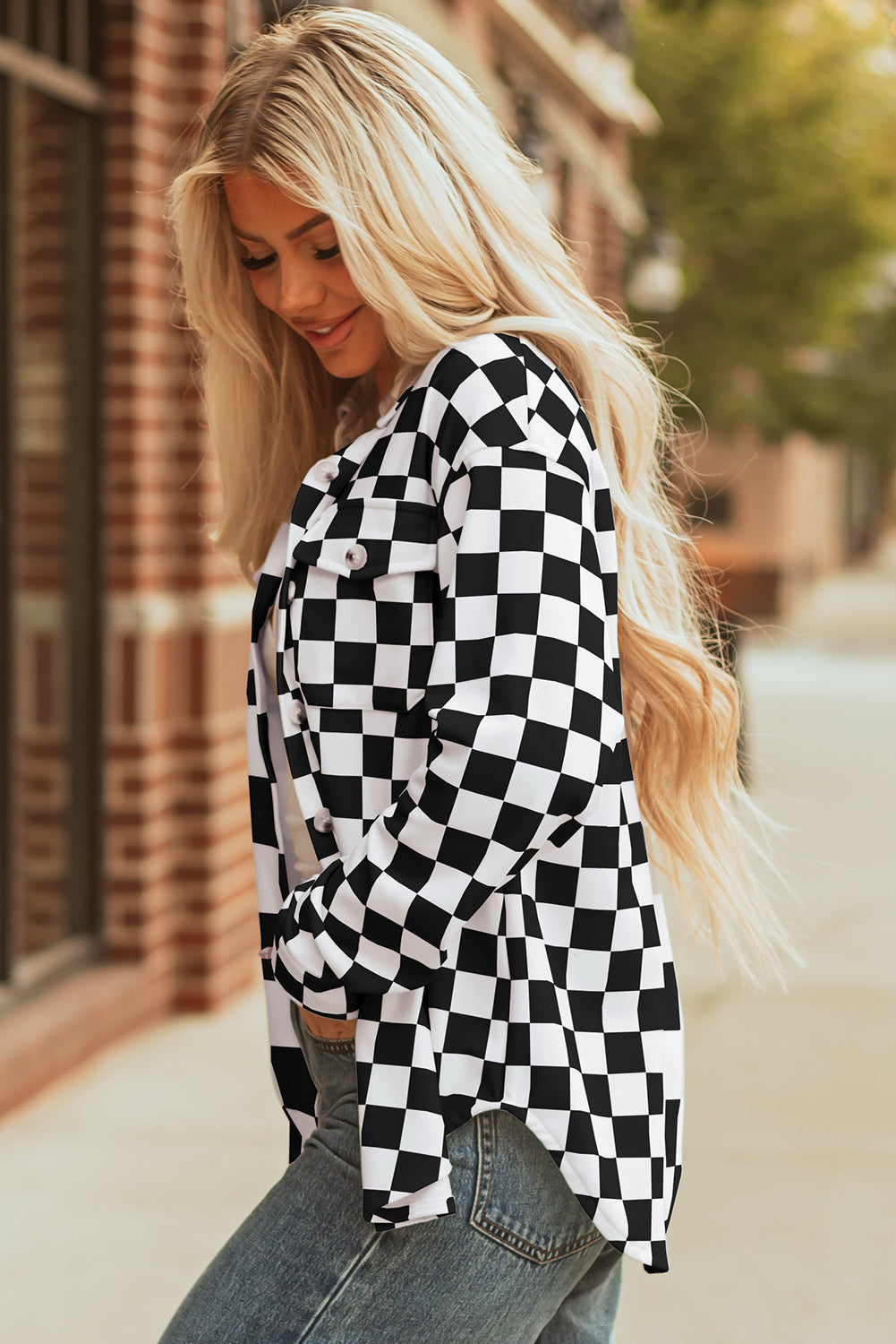 Checkerboard Flap Pocket Button Front Shacket