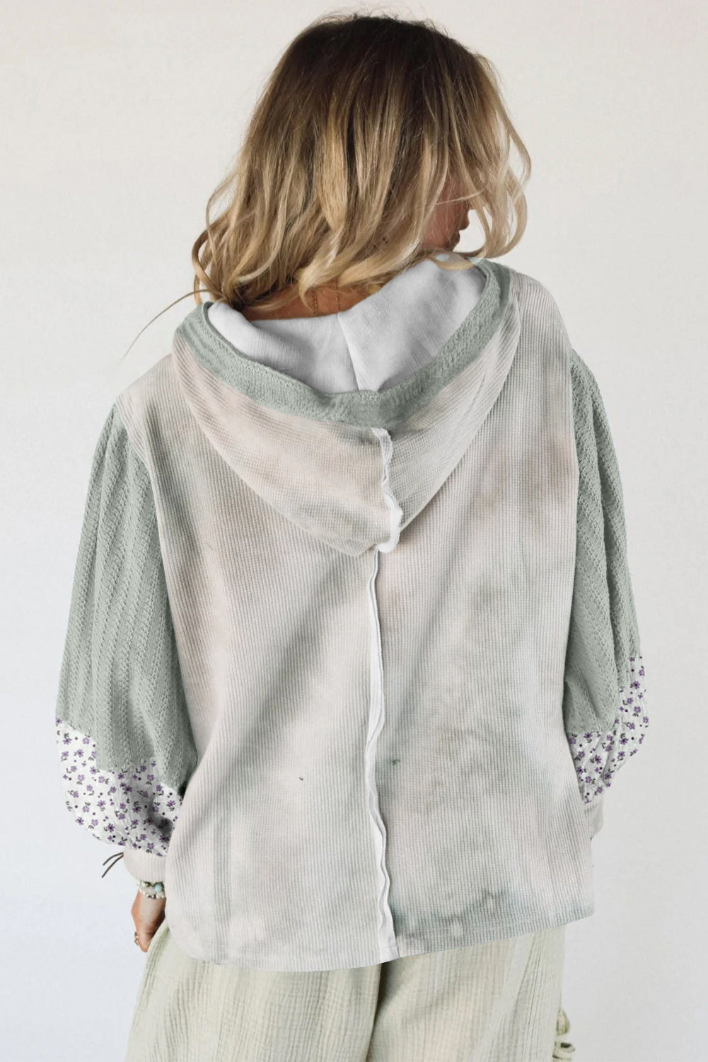 Floral Patch Waffle Texture Colorblock V-Neck Hoodie Top
