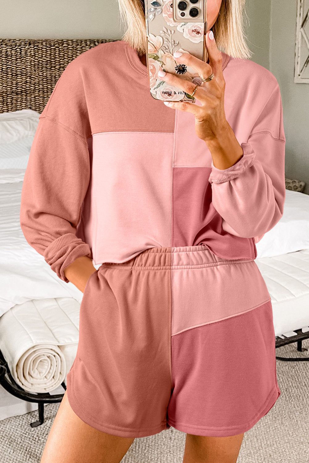Peach Blossom Colorblock Patchwork Long Sleeve Shorts Set