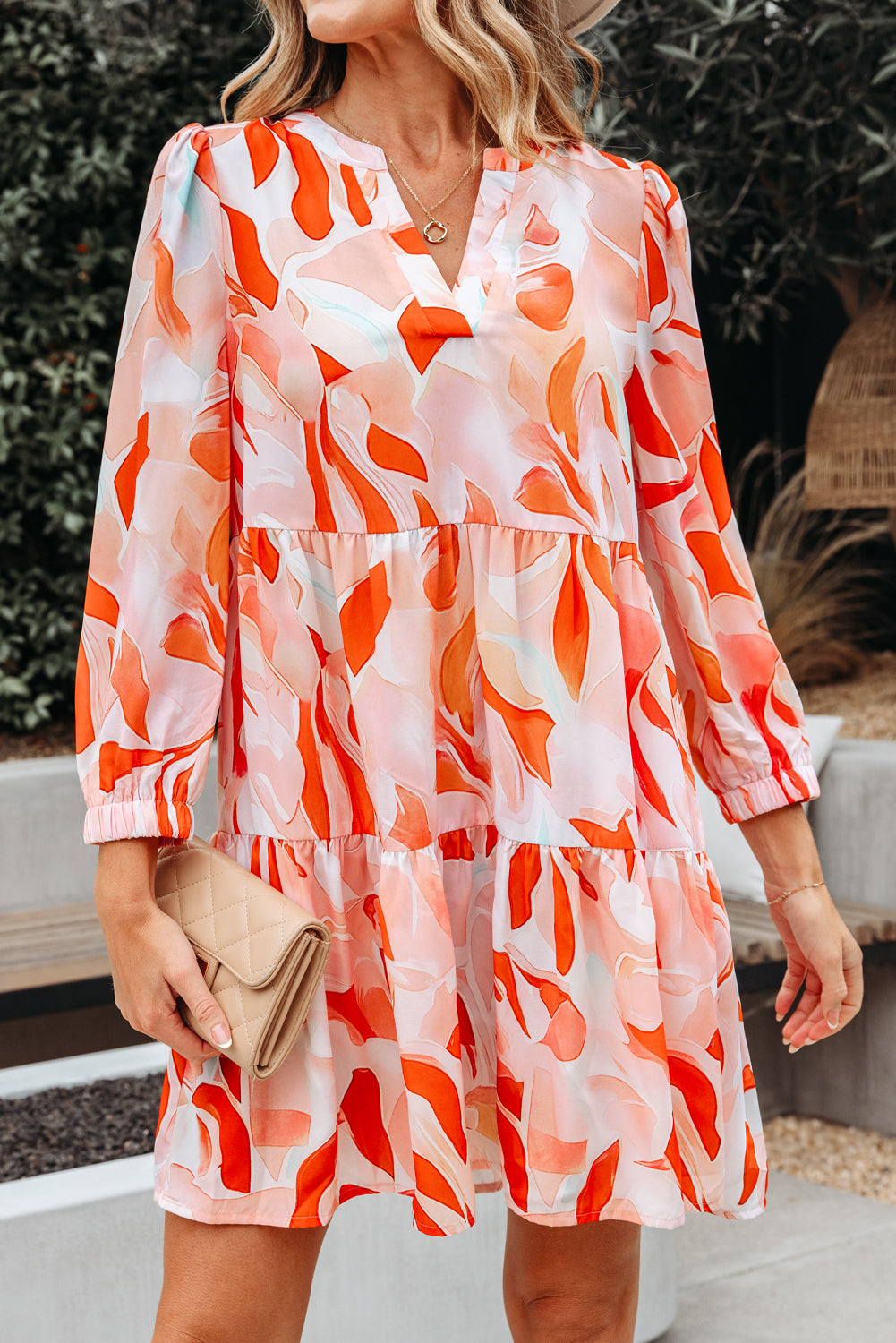 Orange Abstract Print Long Sleeve Midi Dress Women S–XL