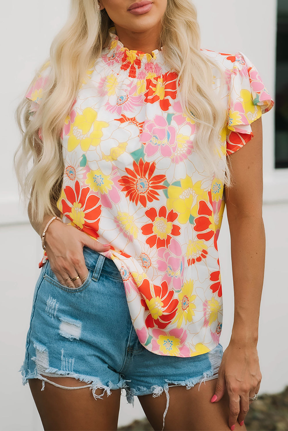 Multicolor Stand Collar Flutter Sleeve Floral Top