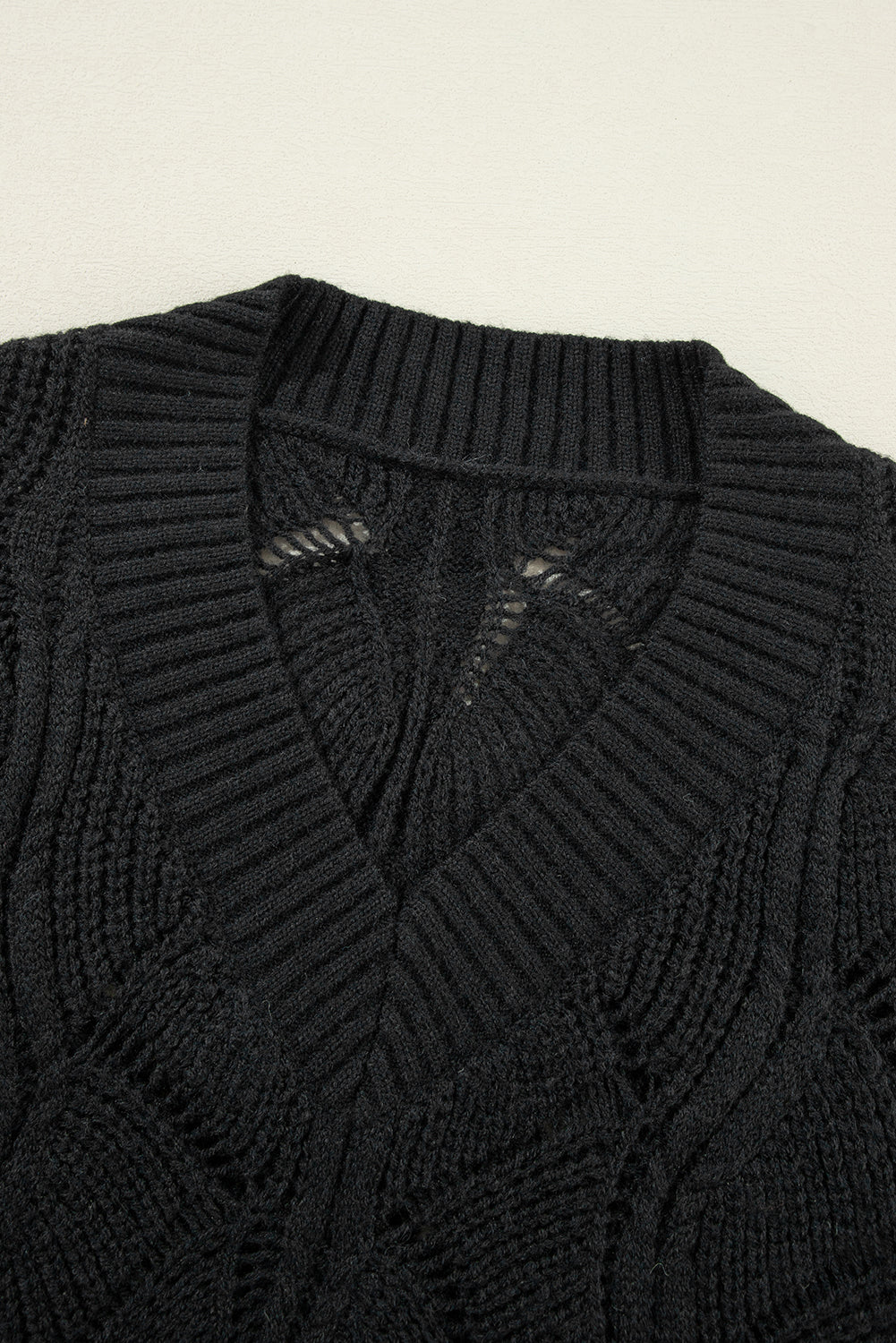 Hollow-Out Knit V-Neck Drop Shoulder Sweater | Black
