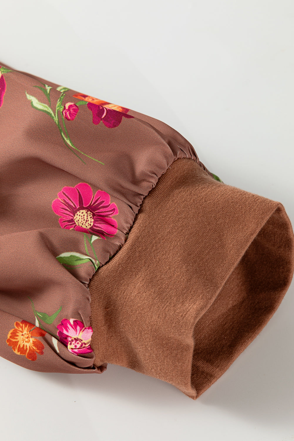 Floral Patchwork Sleeve Round Neck Blouse | Plus Size | Brown | 1X–4X