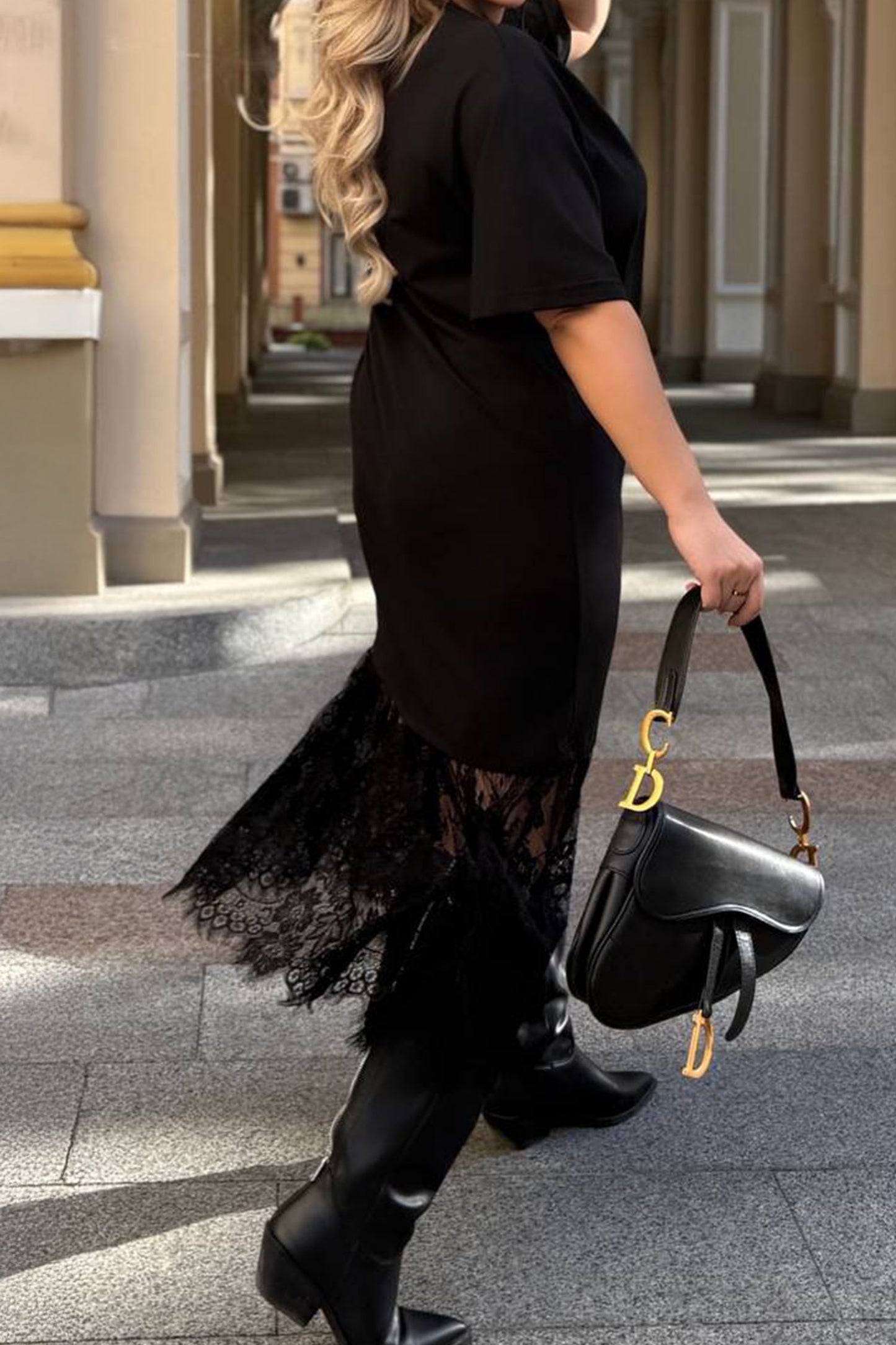 Black Plus Size Lace Hem Patchwork T-Shirt Midi Dress – Women's Elegant Summer Dress