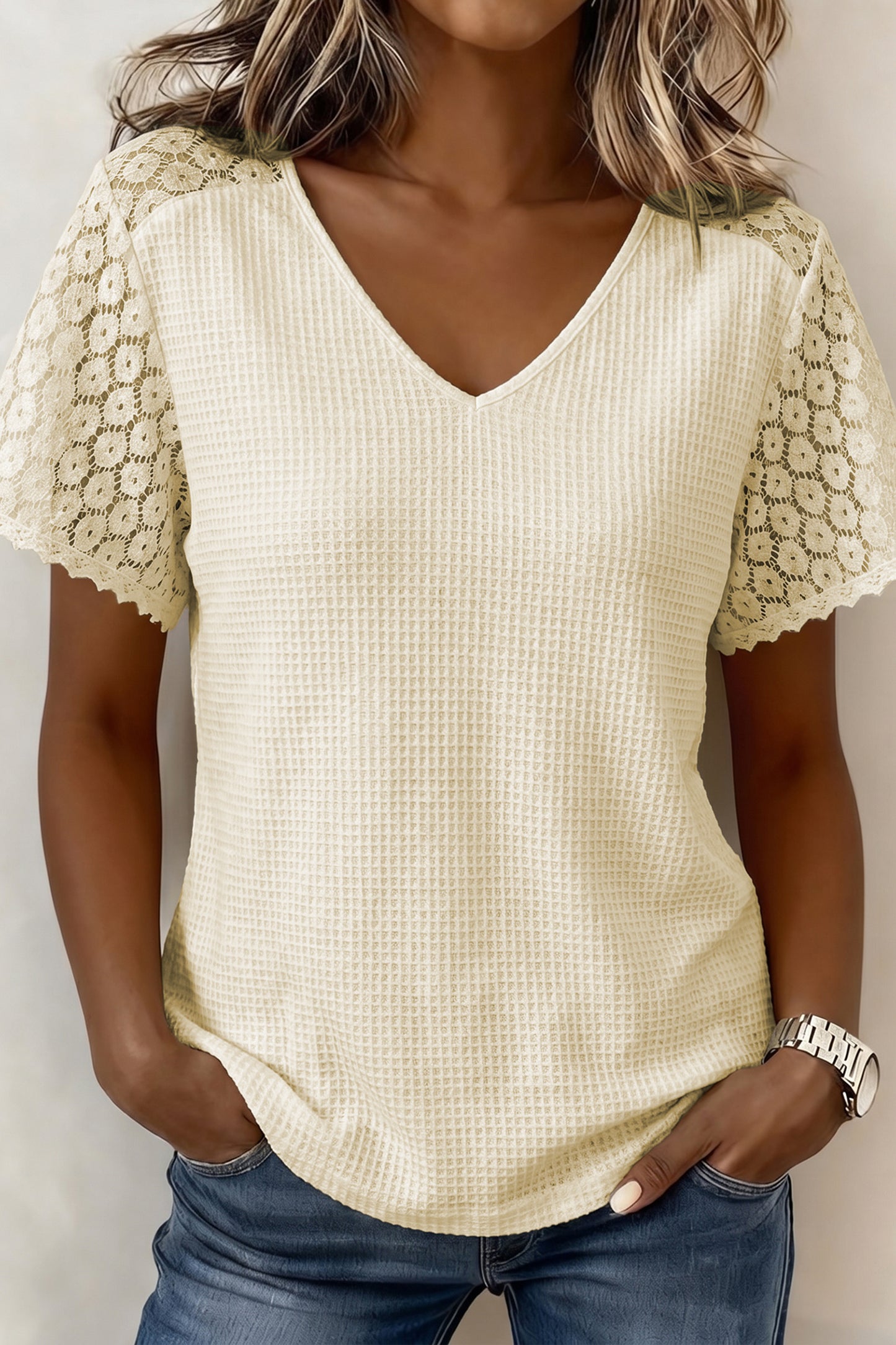 Womens Lace Trim Waffle Knit V Neck Top S–XL