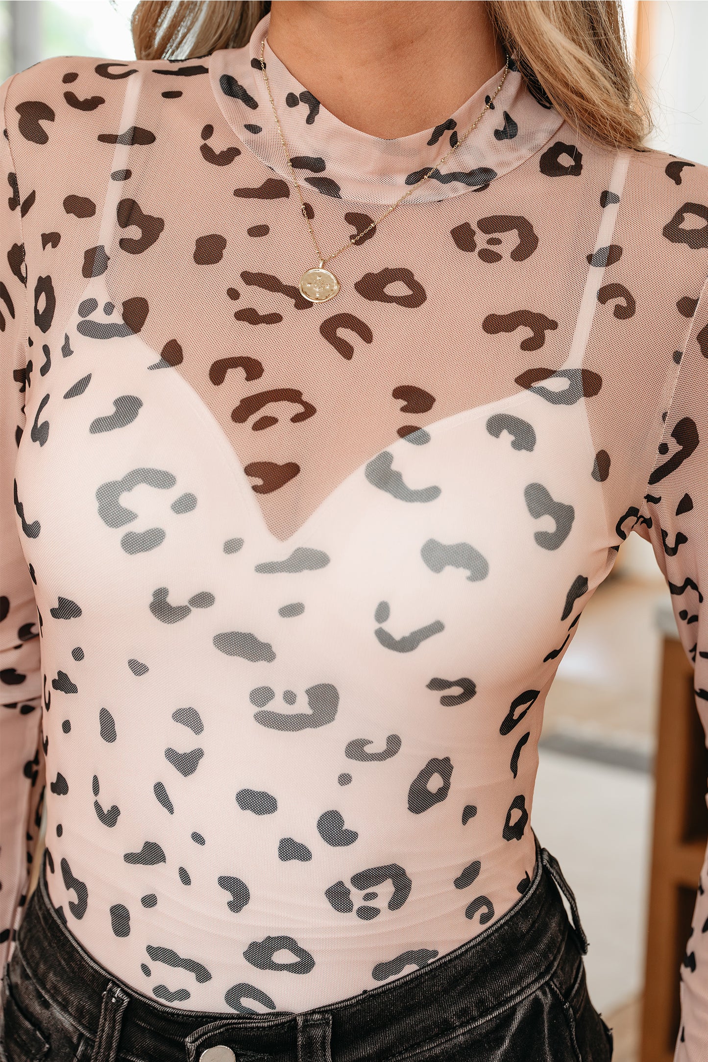 Mock Neck Sheer Mesh Leopard Long Sleeve Bodysuit | Light Khaki