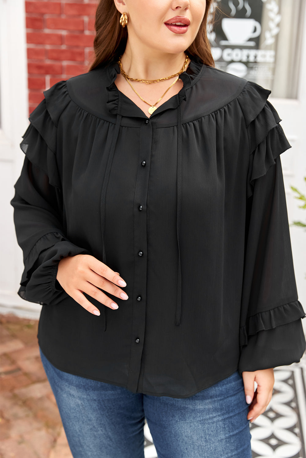 Plus Size Black Chiffon Balloon Sleeve Blouse Women 1X–4X