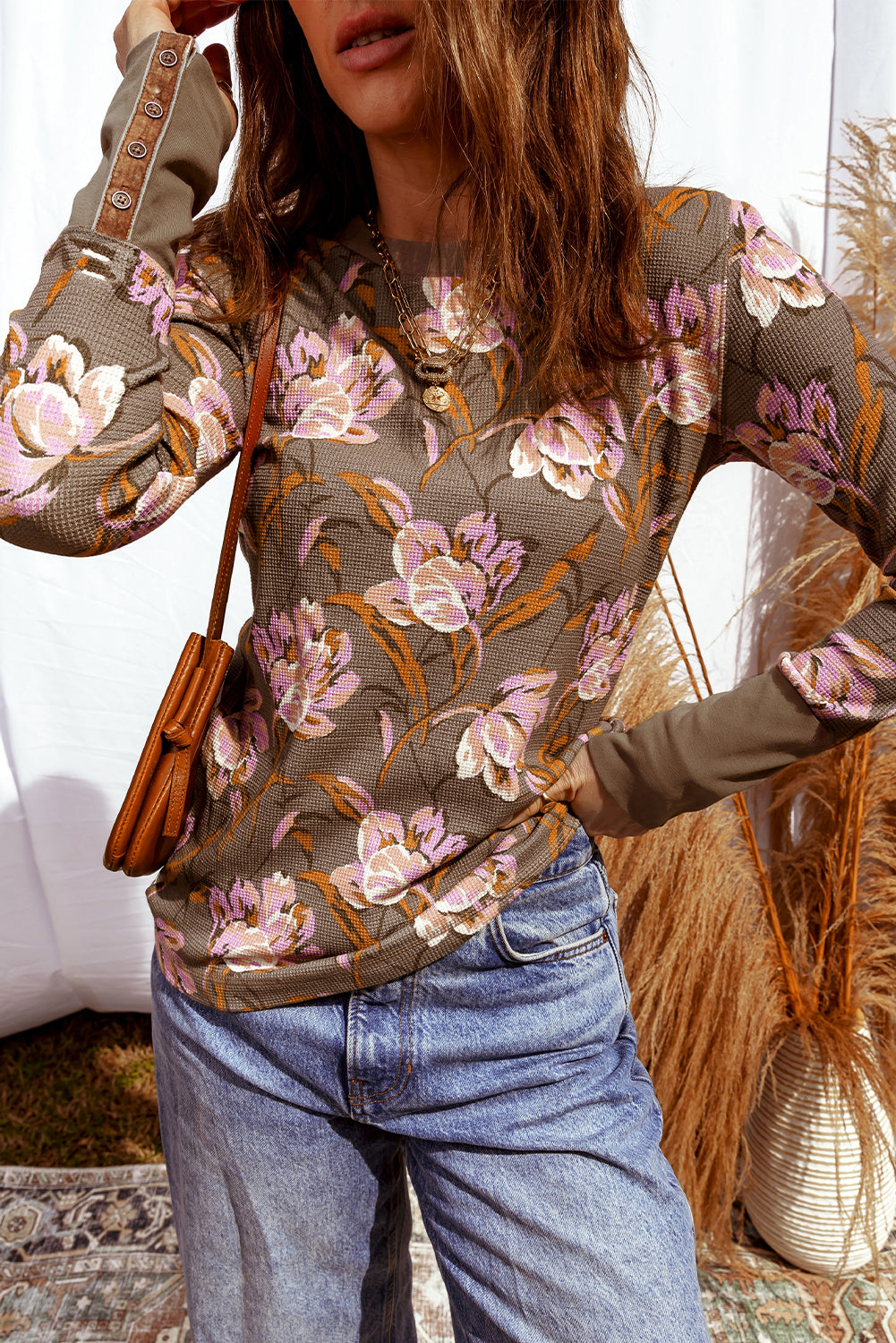 Floral Waffle Knit Long Sleeve Top Women S–XL