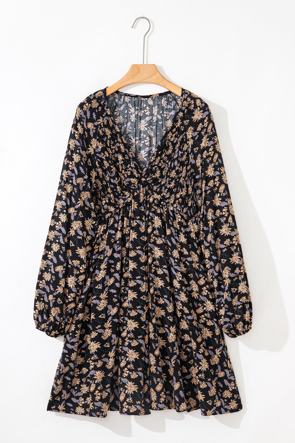 Floral Print Deep V-Neck Smocked Bust Bubble Sleeve Babydoll Mini Dress