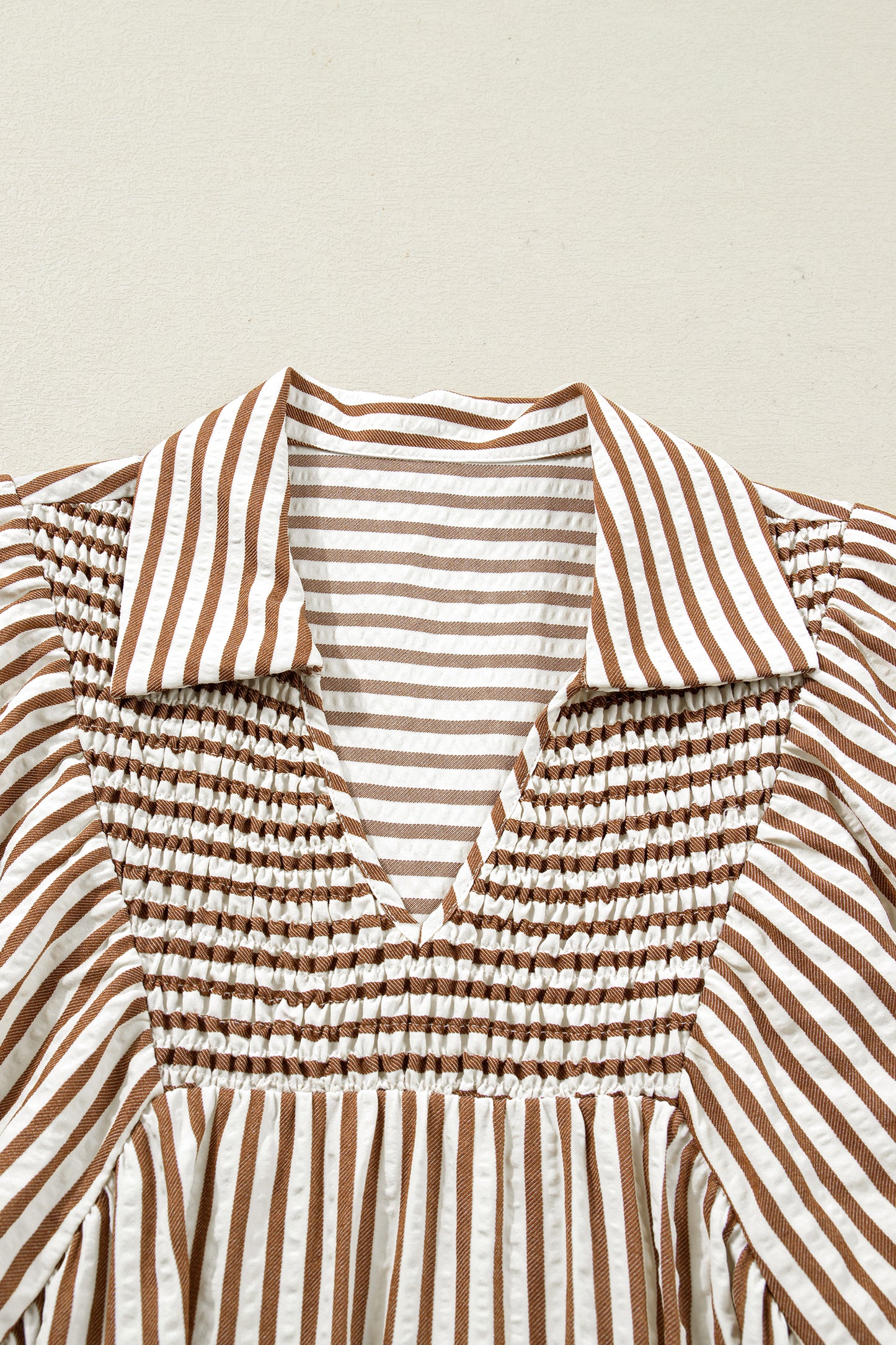 Striped Shirred V-Neck Blouse with Puff Sleeves | Brown